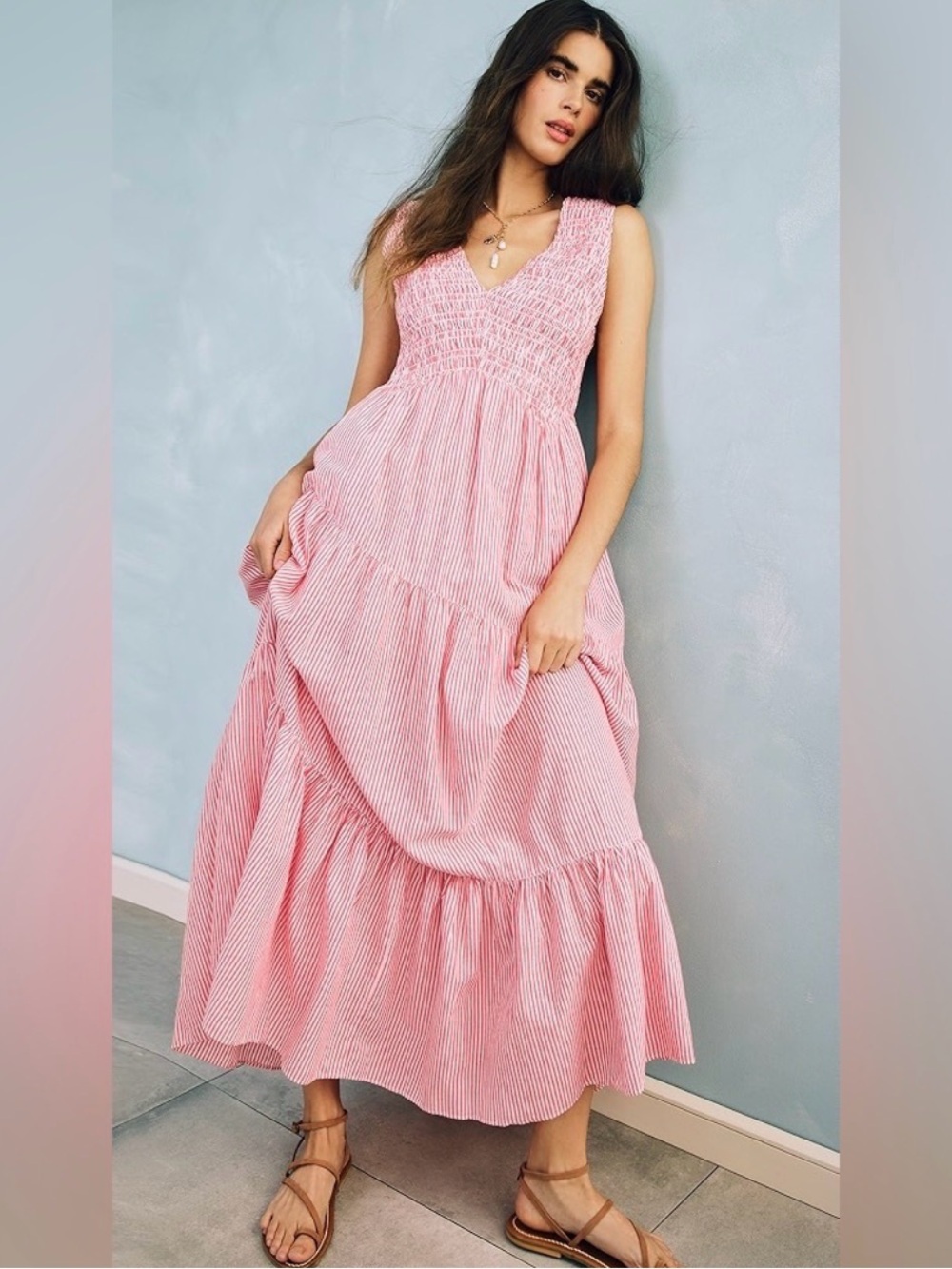 Free People Pink Striped Smocked V-Neck Tiered Maxi Dress
